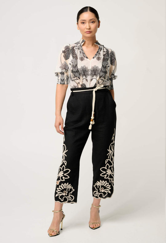 OnceWas PETITE Helm Embroidered Linen Viscose Pant in Black