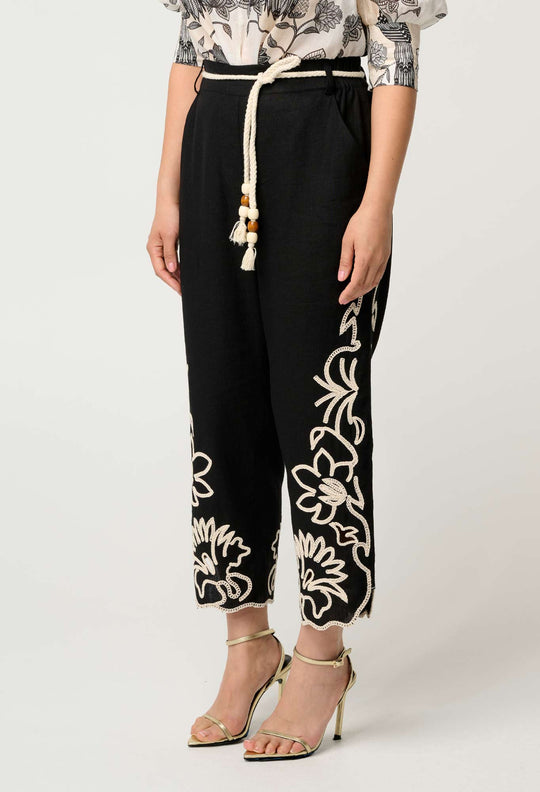 OnceWas PETITE Helm Embroidered Linen Viscose Pant in Black