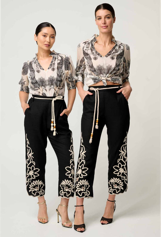 OnceWas PETITE Helm Embroidered Linen Viscose Pant in Black