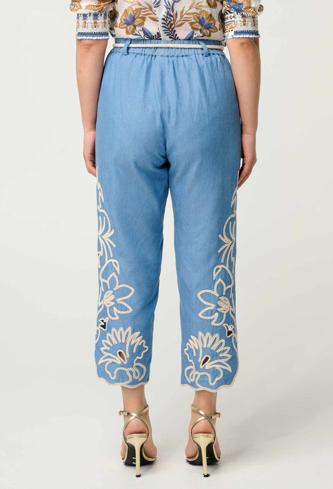 OnceWas PETITE Helm Tencel Embroidered Straight Leg Pant in Sky