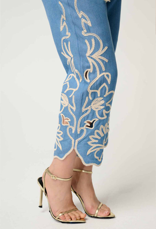 OnceWas PETITE Helm Tencel Embroidered Straight Leg Pant in Sky