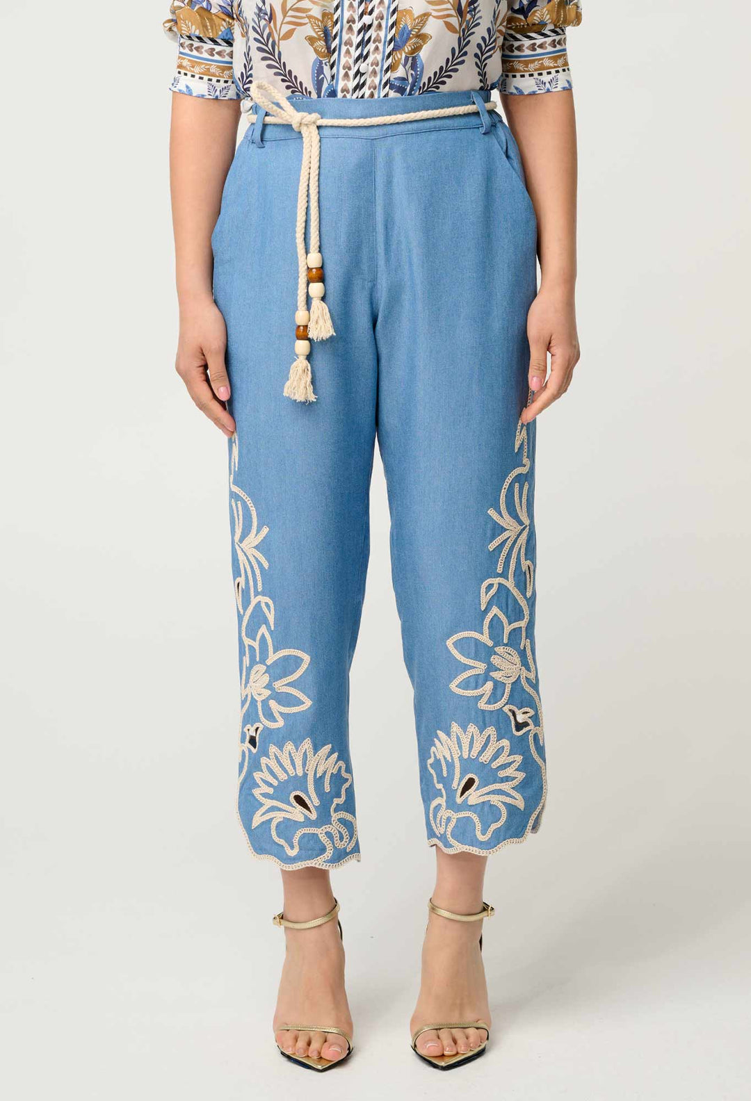 OnceWas PETITE Helm Tencel Embroidered Straight Leg Pant in Sky