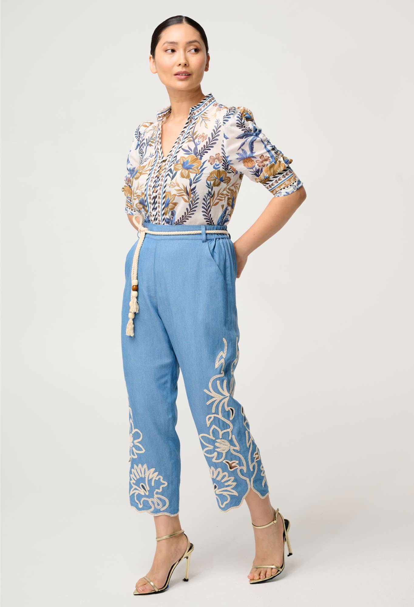 OnceWas PETITE Helm Tencel Embroidered Straight Leg Pant in Sky