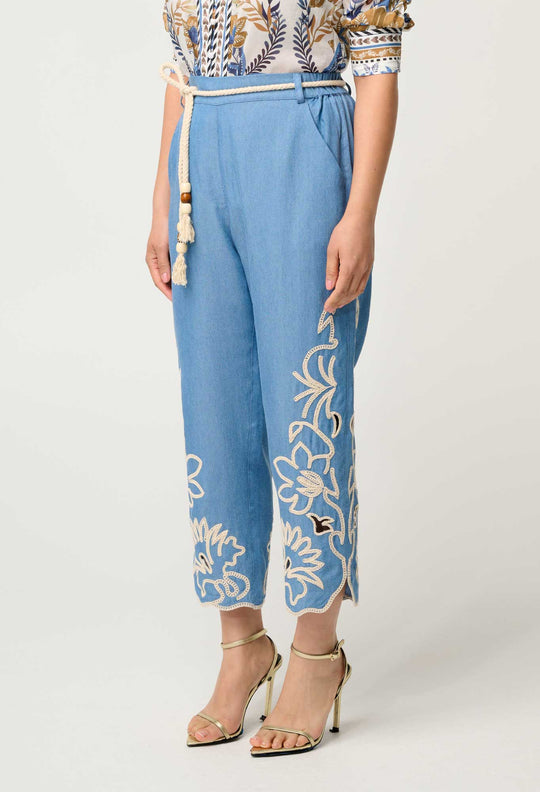 OnceWas PETITE Helm Tencel Embroidered Straight Leg Pant in Sky