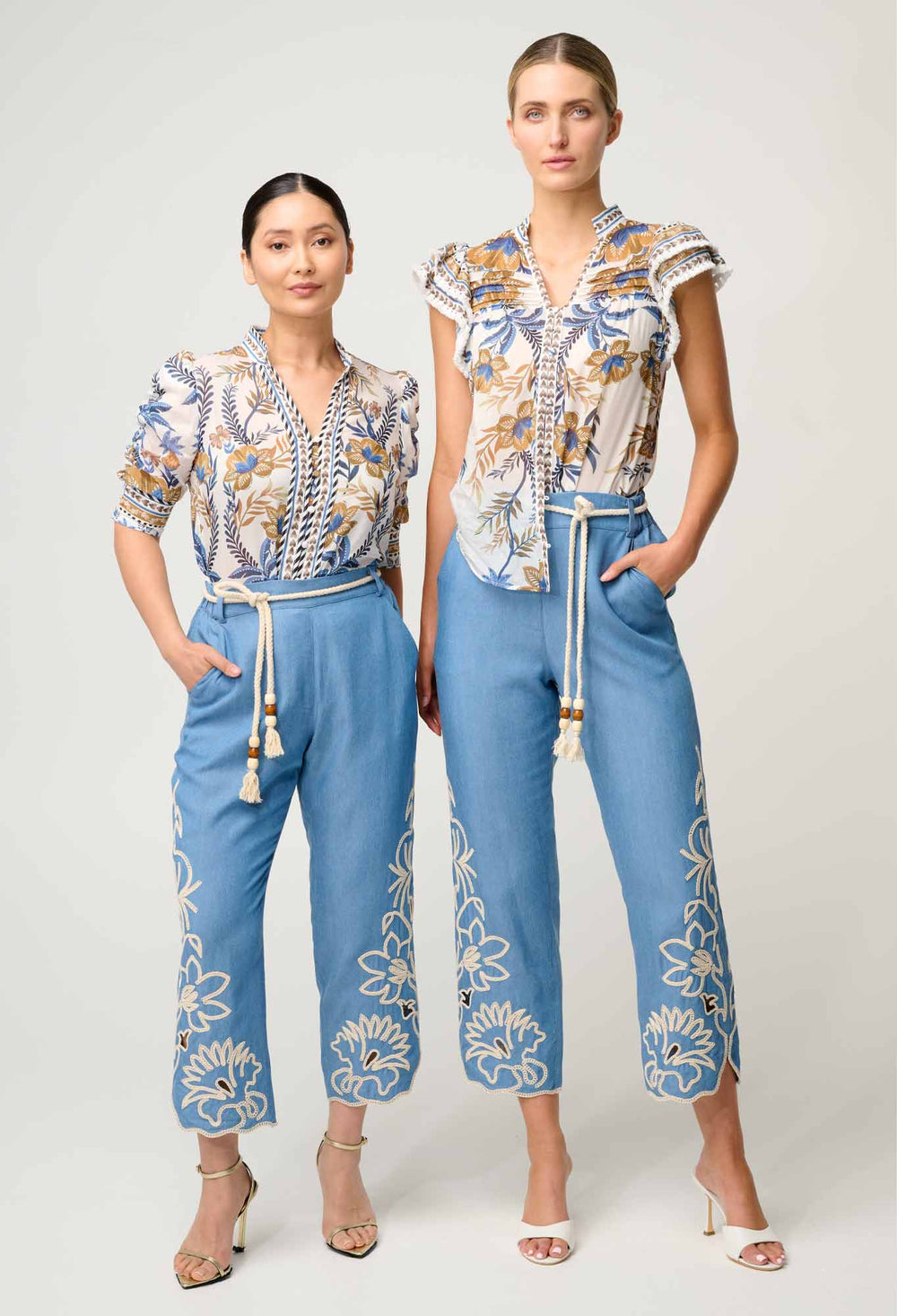 OnceWas PETITE Helm Tencel Embroidered Straight Leg Pant in Sky