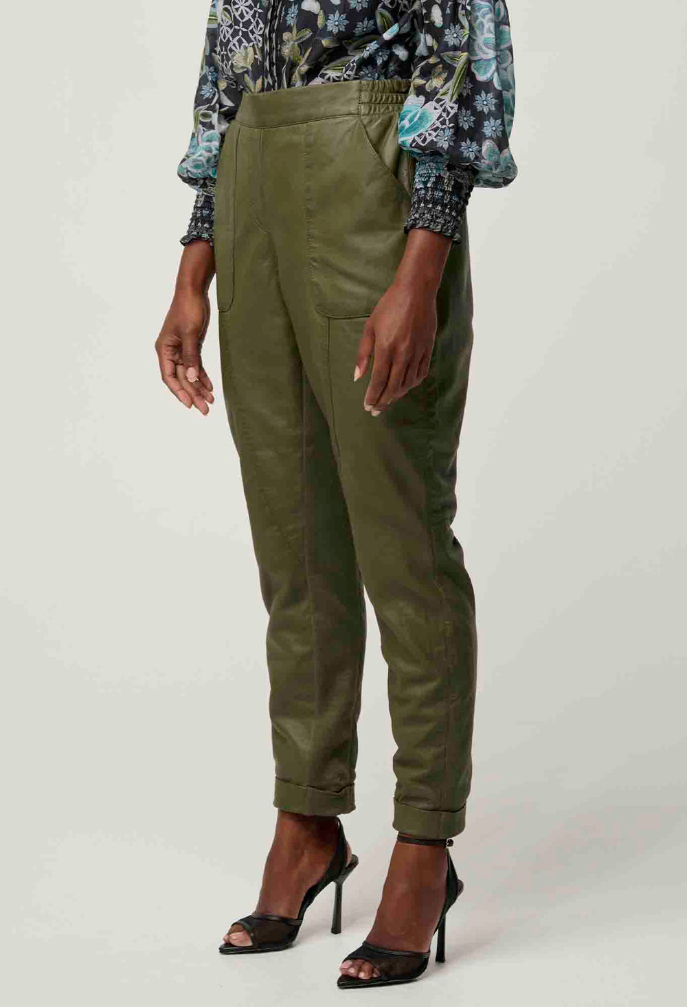 OnceWas PETITE Sylvan Leather Jogger in Moss