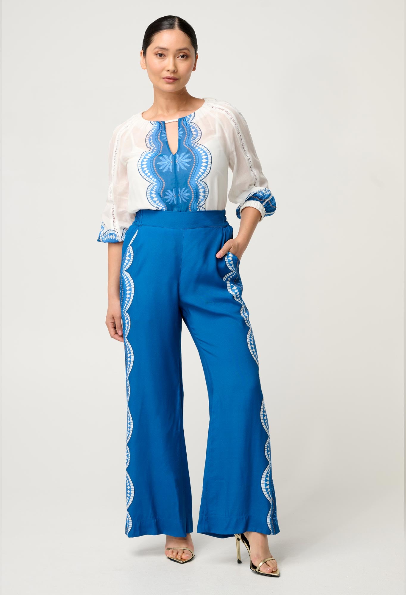 OnceWas PETITE Lilia Viscose Faille Pant in Topaz
