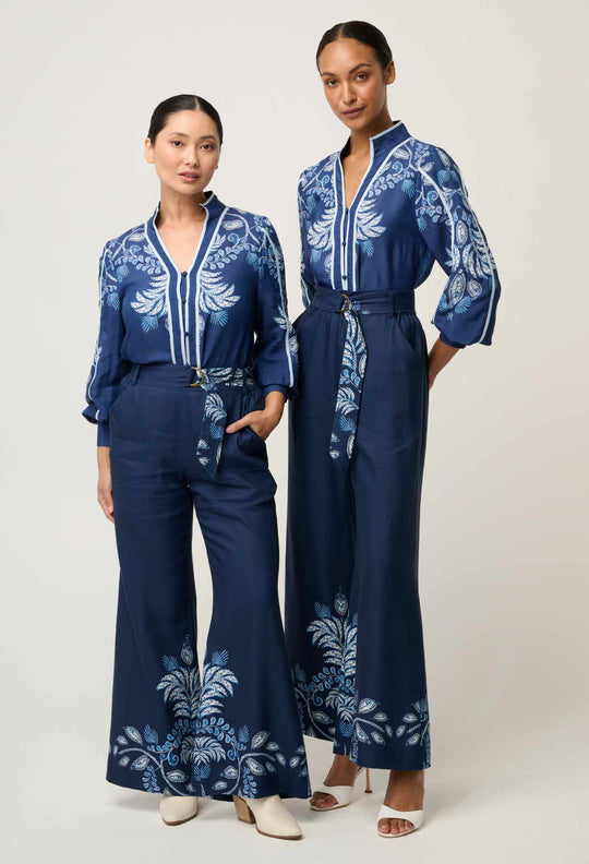 OnceWas PETITE Sloane Linen Viscose Wide Leg Pant with D-Ring Belt in Moonlit Batik