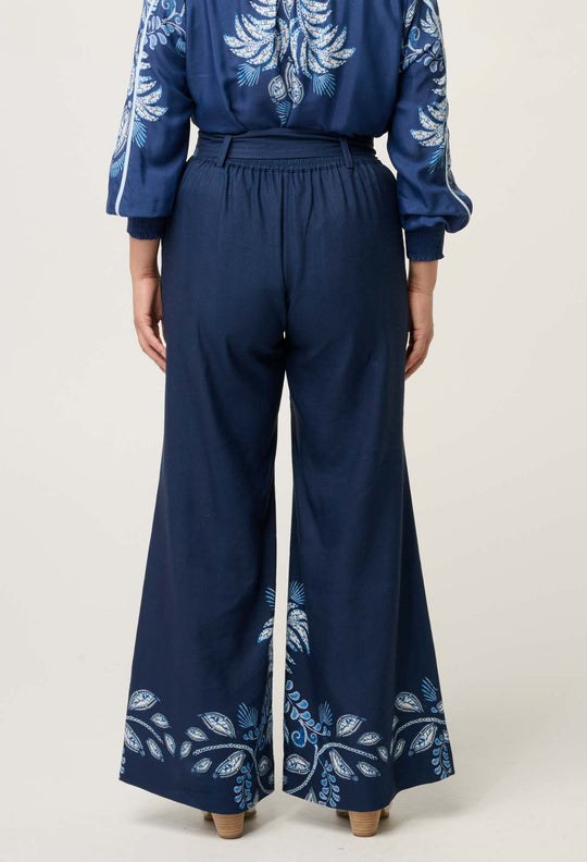 OnceWas PETITE Sloane Linen Viscose Wide Leg Pant with D-Ring Belt in Moonlit Batik