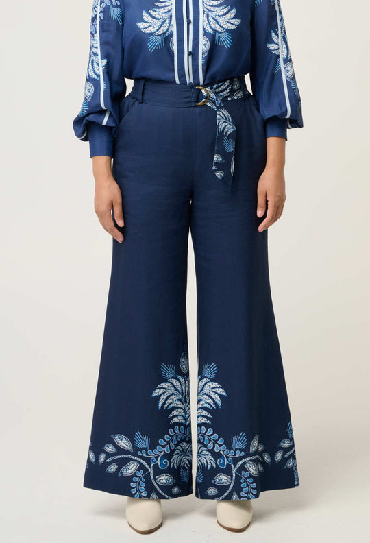 OnceWas PETITE Sloane Linen Viscose Wide Leg Pant with D-Ring Belt in Moonlit Batik