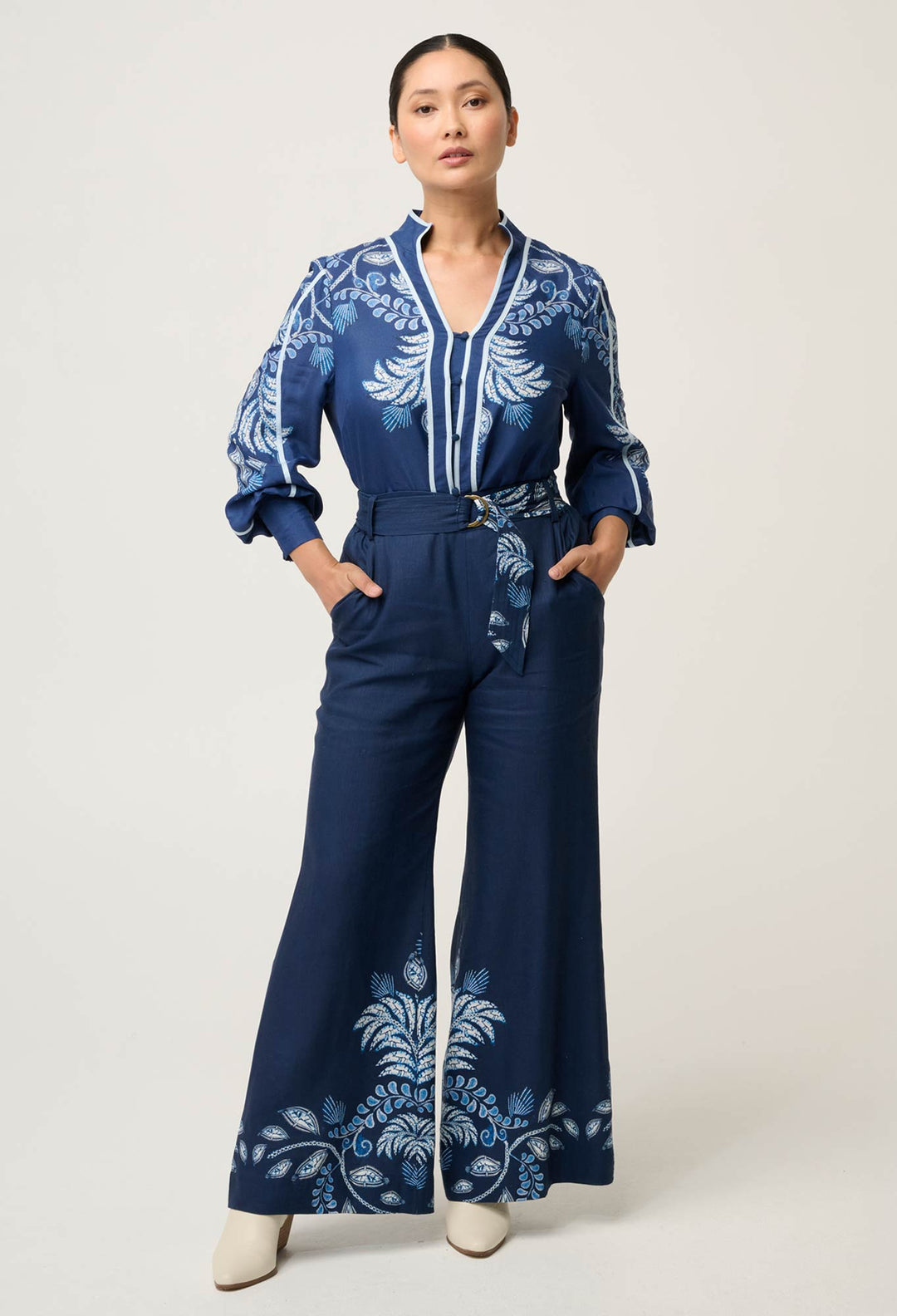 OnceWas PETITE Sloane Linen Viscose Wide Leg Pant with D-Ring Belt in Moonlit Batik