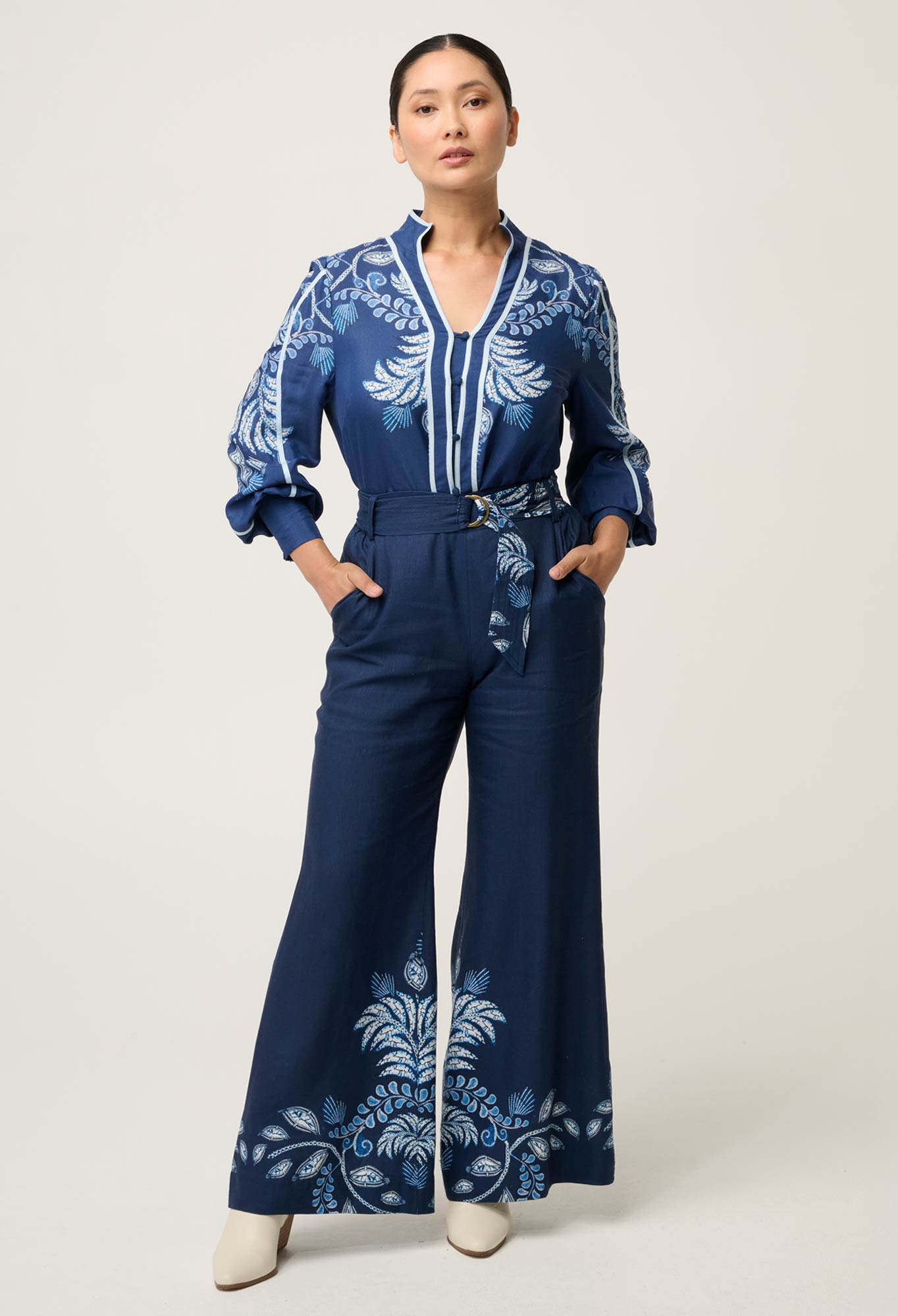 OnceWas PETITE Sloane Linen Viscose Wide Leg Pant with D-Ring Belt in Moonlit Batik