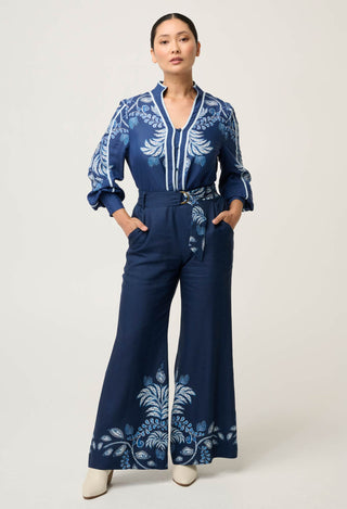 PETITE Sloane Linen Viscose Wide Leg Pant with D-Ring Belt in Moonlit Batik