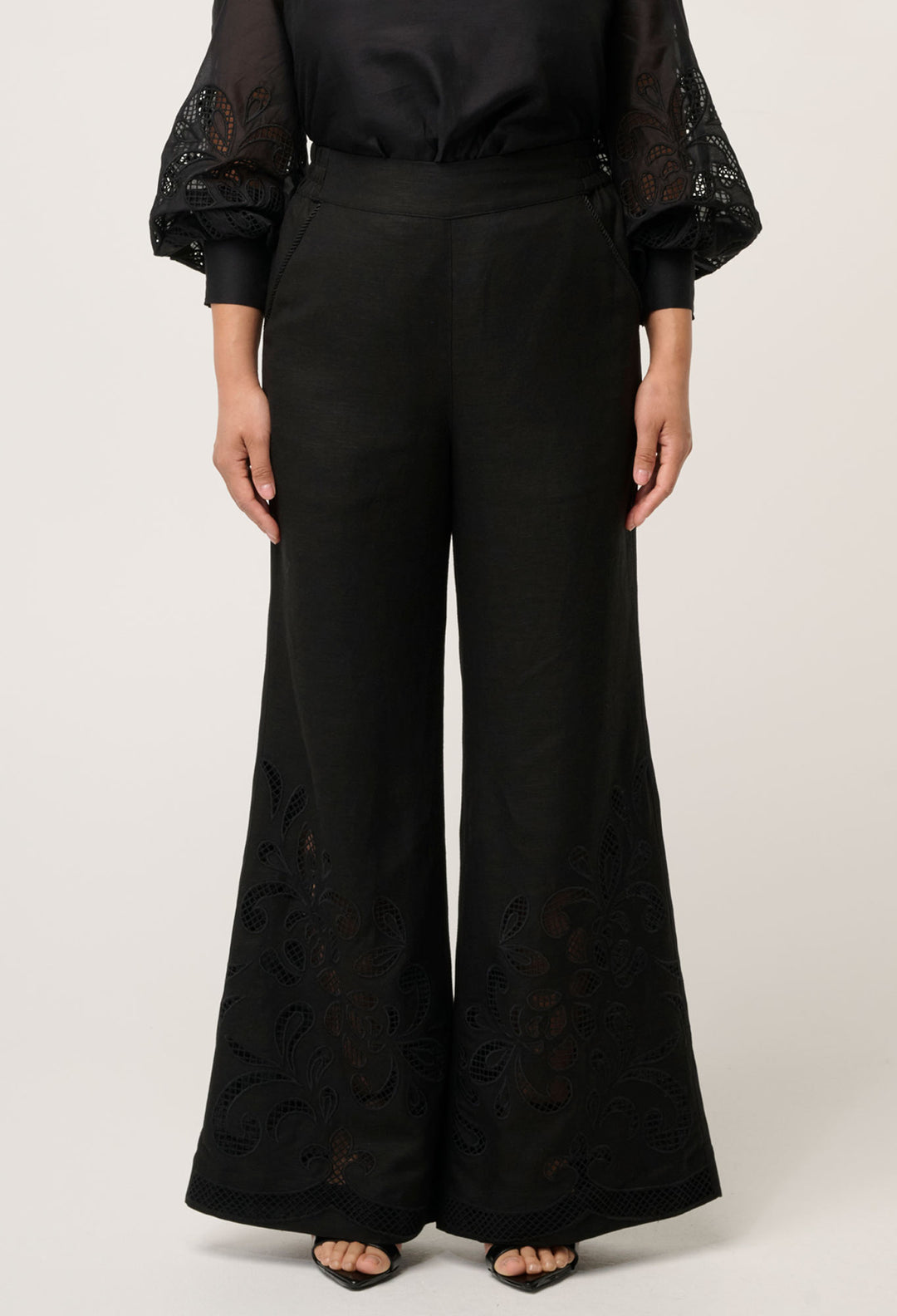 OnceWas PETITE Rhea Linen Viscose Embroidered Pant in Black