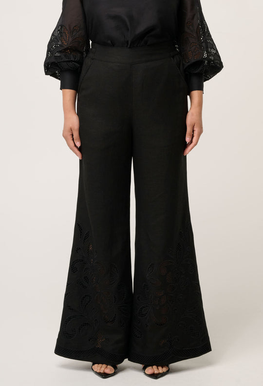 OnceWas PETITE Rhea Linen Viscose Embroidered Pant in Black