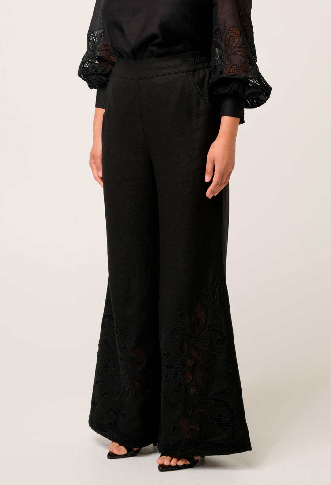 OnceWas PETITE Rhea Linen Viscose Embroidered Pant in Black