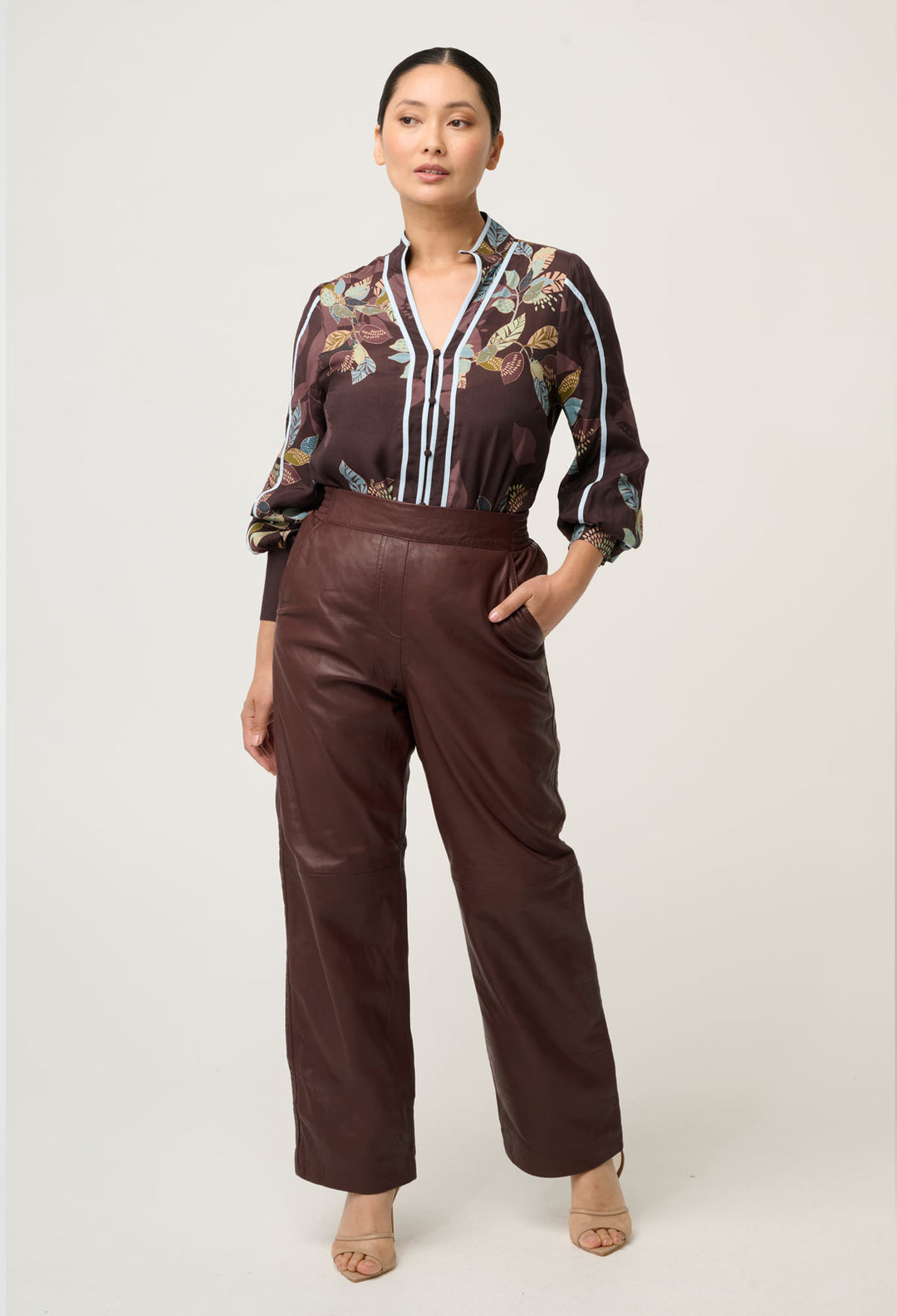 OnceWas PETITE Joan Leather Elasticated Waist Straight Leg Pant in Oxblood
