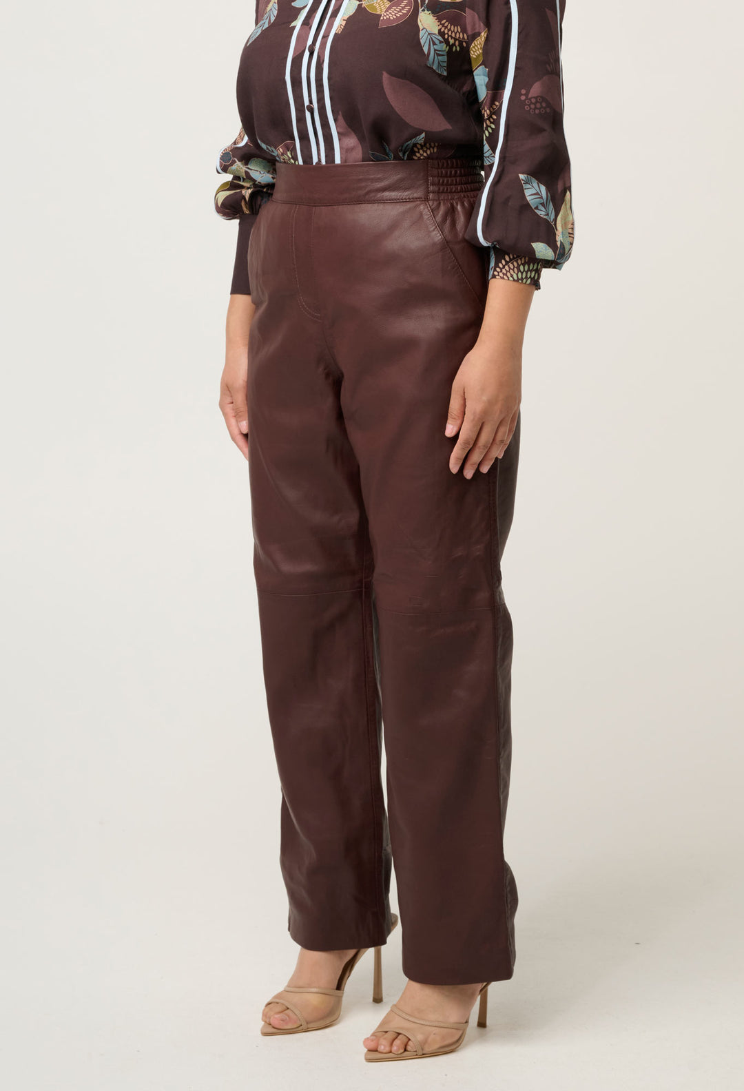 OnceWas PETITE Joan Leather Elasticated Waist Straight Leg Pant in Oxblood