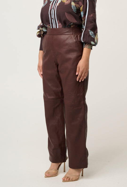 OnceWas PETITE Joan Leather Elasticated Waist Straight Leg Pant in Oxblood