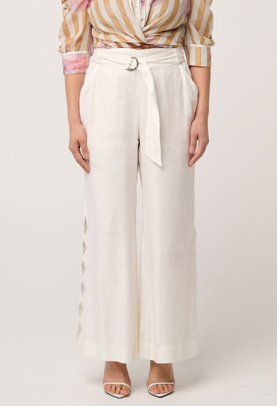 UNDER 5'4 Kayla Stretch Linen Viscose Embroidery Pant in Ivory