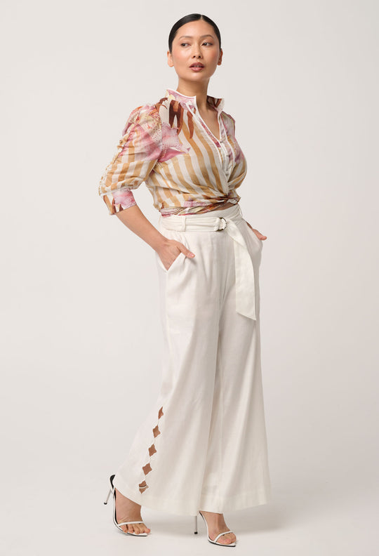 UNDER 5'4 Kayla Stretch Linen Viscose Embroidery Pant in Ivory