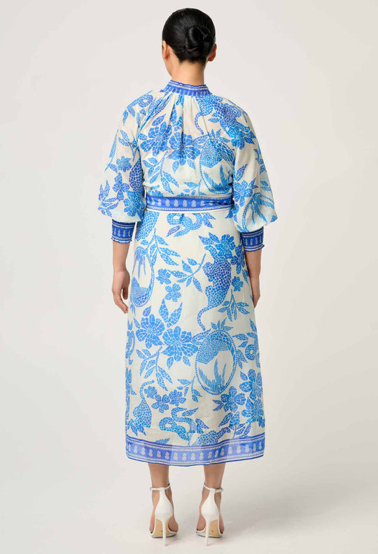 OnceWas PETITE Carmen Silk Cotton Maxi Dress in Azure Mosaic