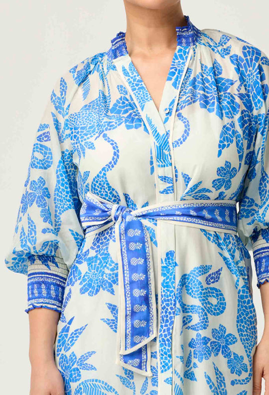 OnceWas PETITE Carmen Silk Cotton Maxi Dress in Azure Mosaic