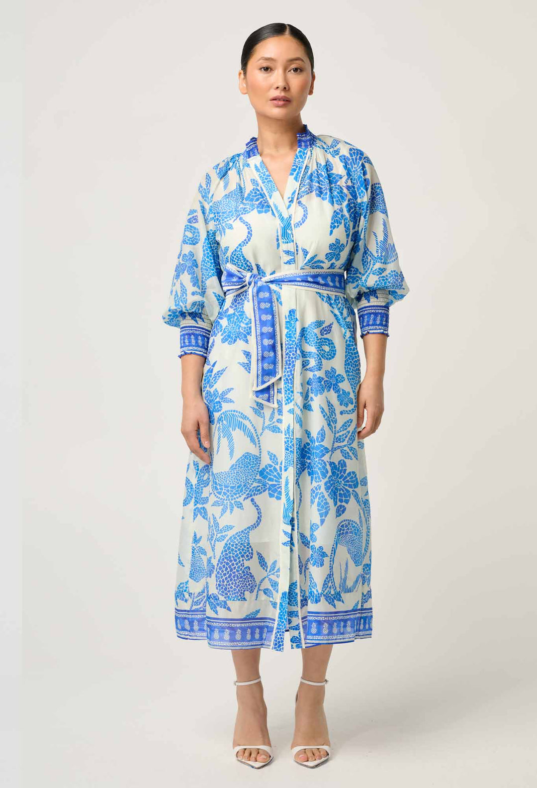 OnceWas PETITE Carmen Silk Cotton Maxi Dress in Azure Mosaic