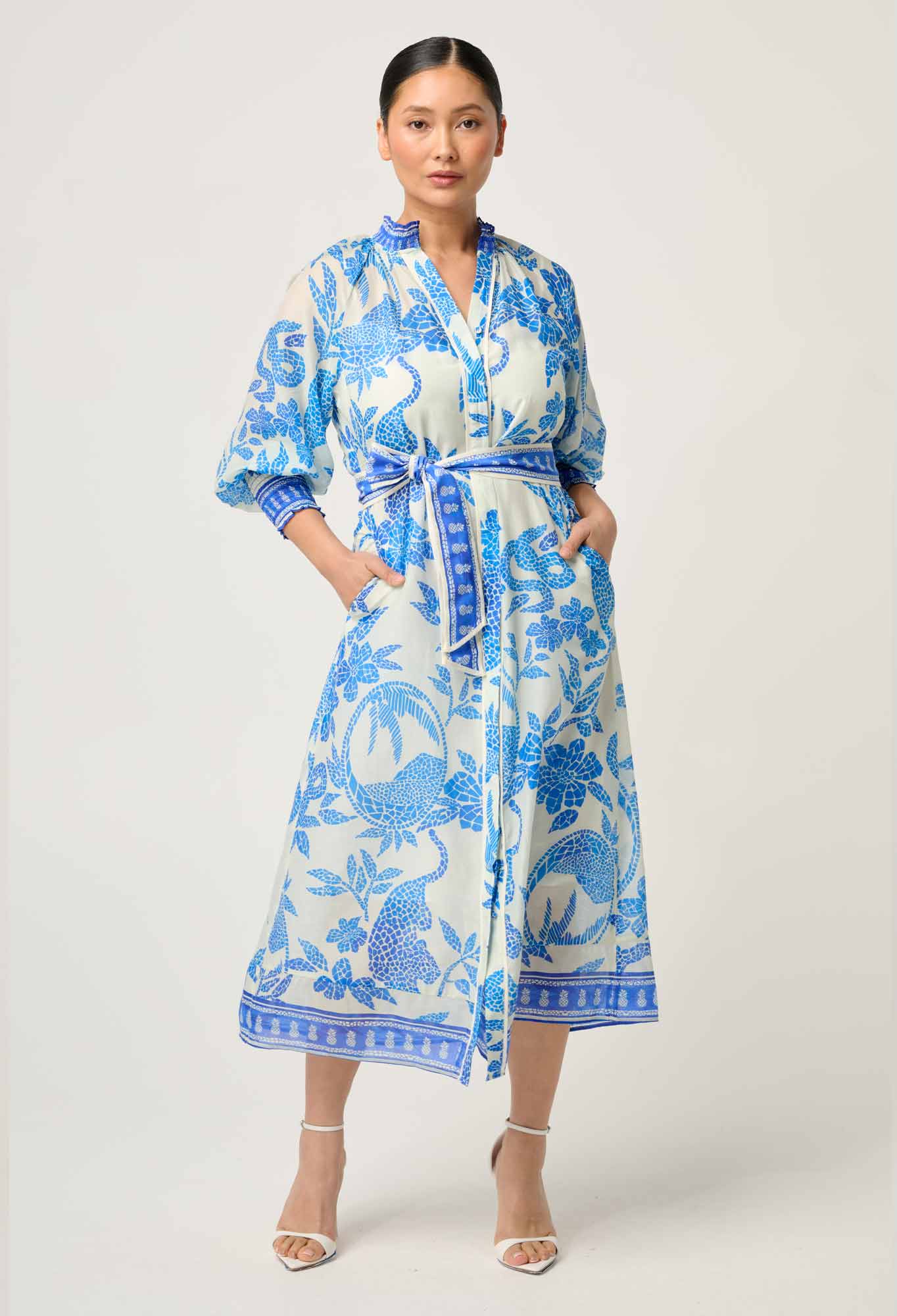 OnceWas PETITE Carmen Silk Cotton Maxi Dress in Azure Mosaic