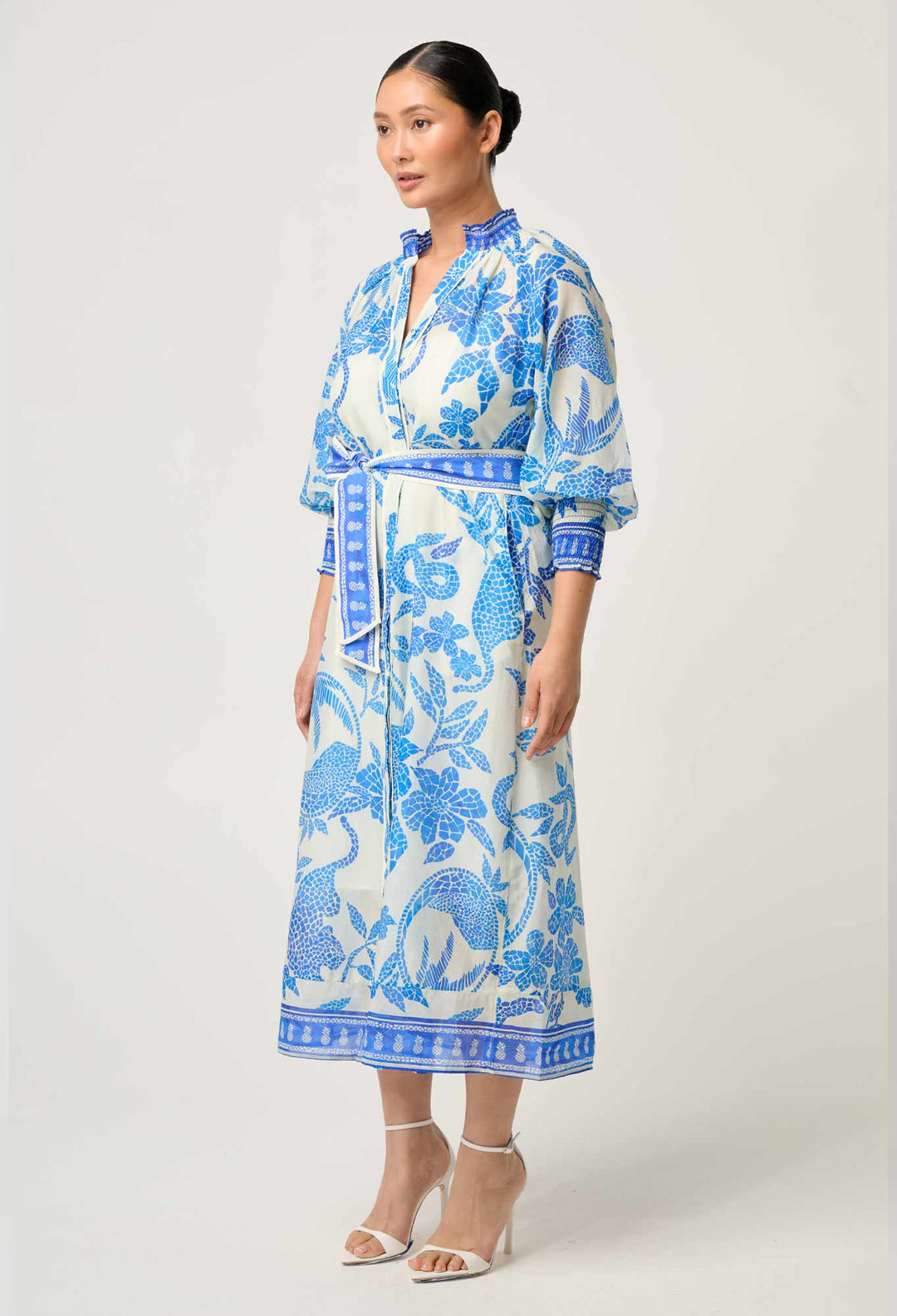 OnceWas PETITE Carmen Silk Cotton Maxi Dress in Azure Mosaic