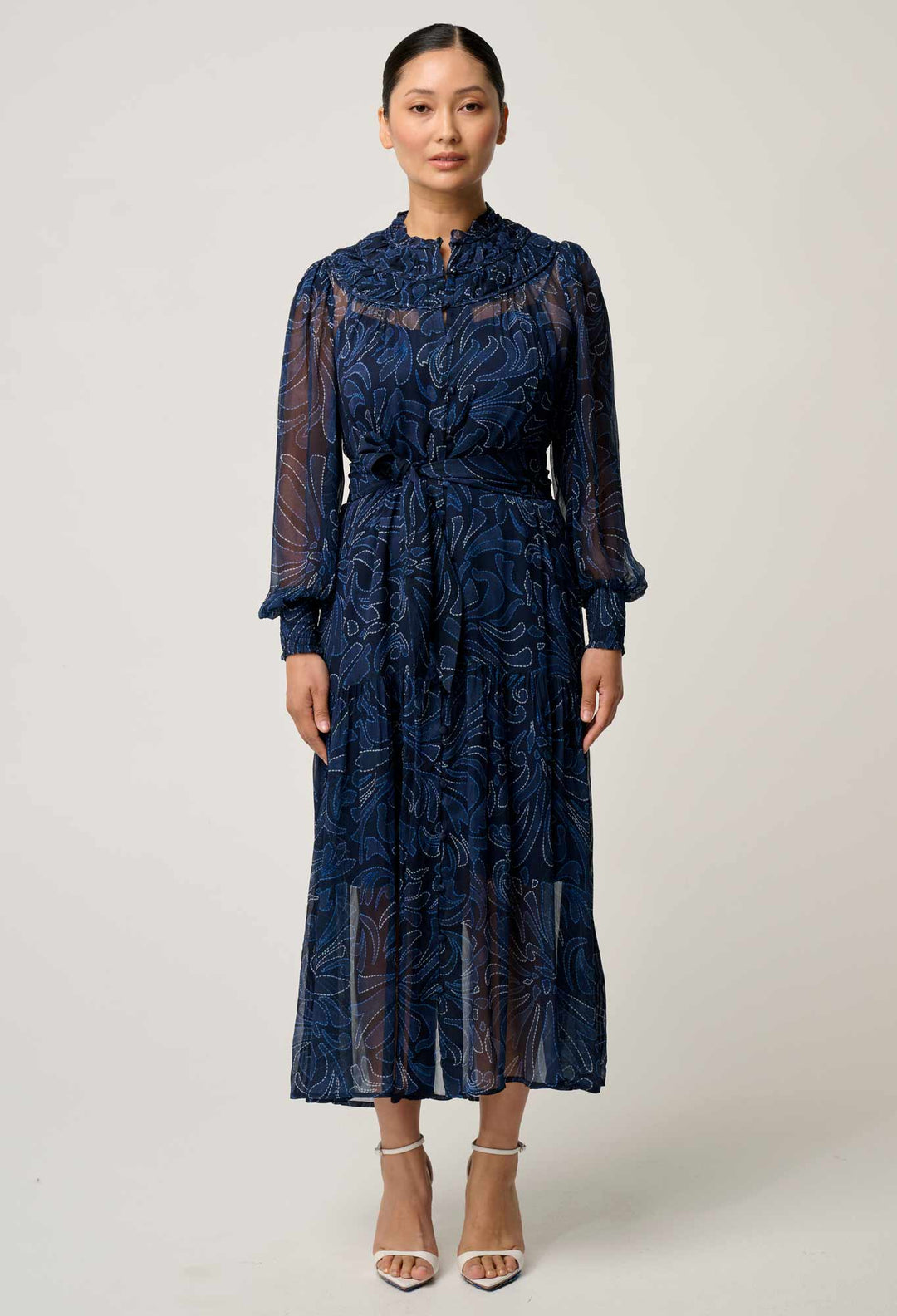 OnceWas PETITE Solana Viscose Chiffon Midi Dress in Altamira