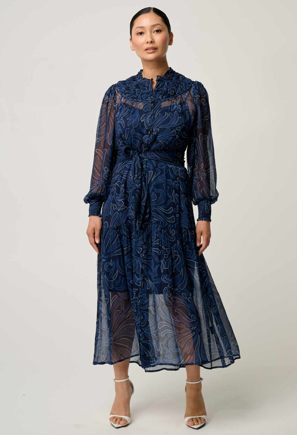 OnceWas PETITE Solana Viscose Chiffon Midi Dress in Altamira