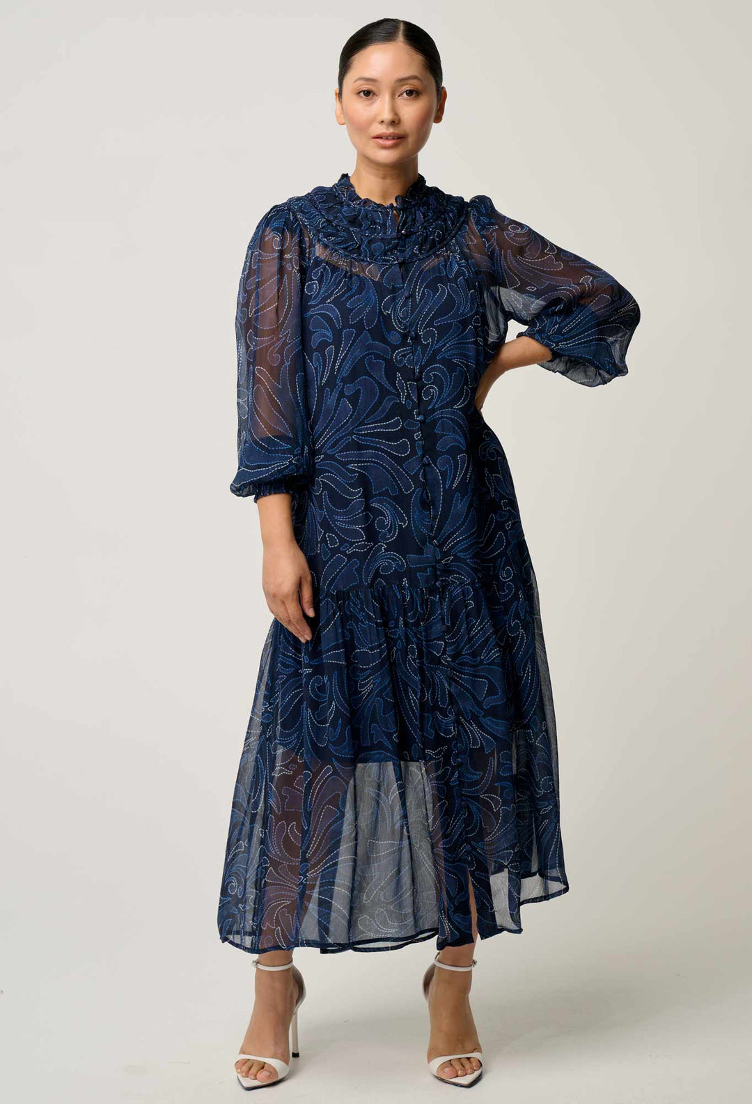 OnceWas PETITE Solana Viscose Chiffon Midi Dress in Altamira