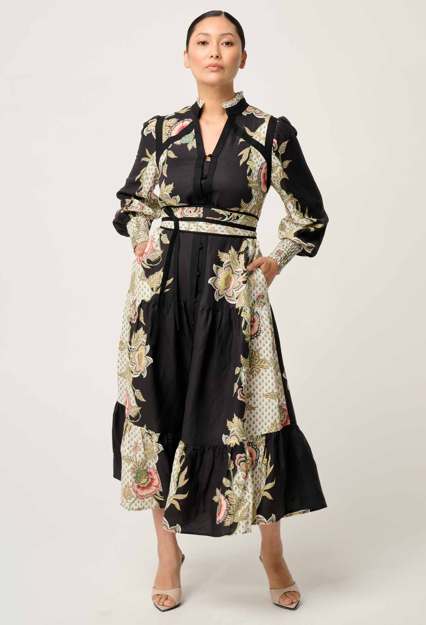 OnceWas PETITE Espada Linen Viscose Maxi Dress in Mariposa Nero