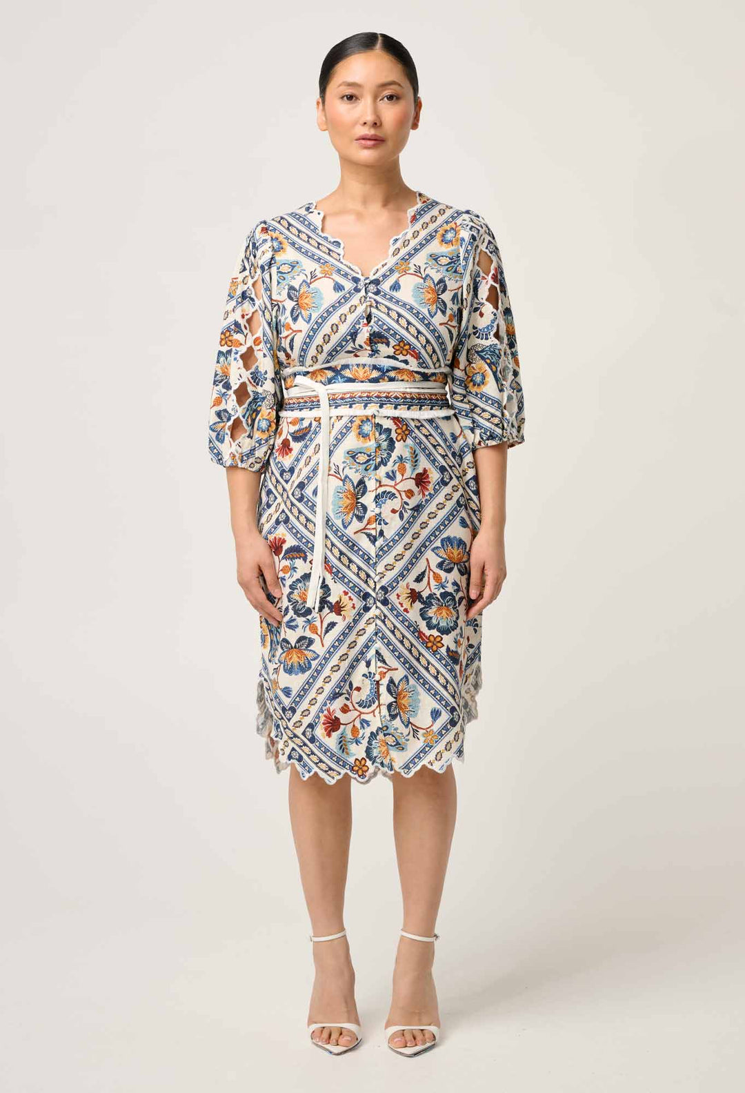 OnceWas PETITE Theia Viscose Scallop Embroidered Dress in Petinos Floros