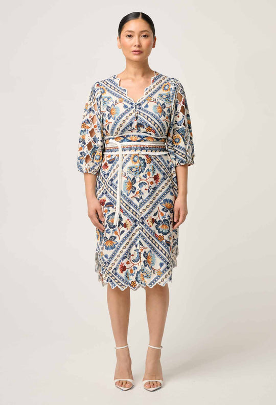 OnceWas PETITE Theia Viscose Scallop Embroidered Dress in Petinos Floros