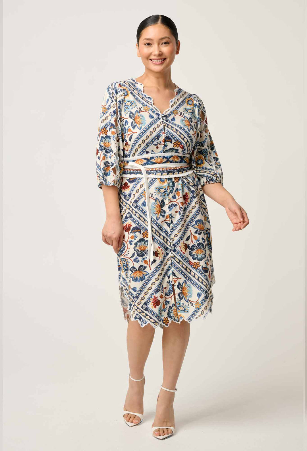 OnceWas PETITE Theia Viscose Scallop Embroidered Dress in Petinos Floros