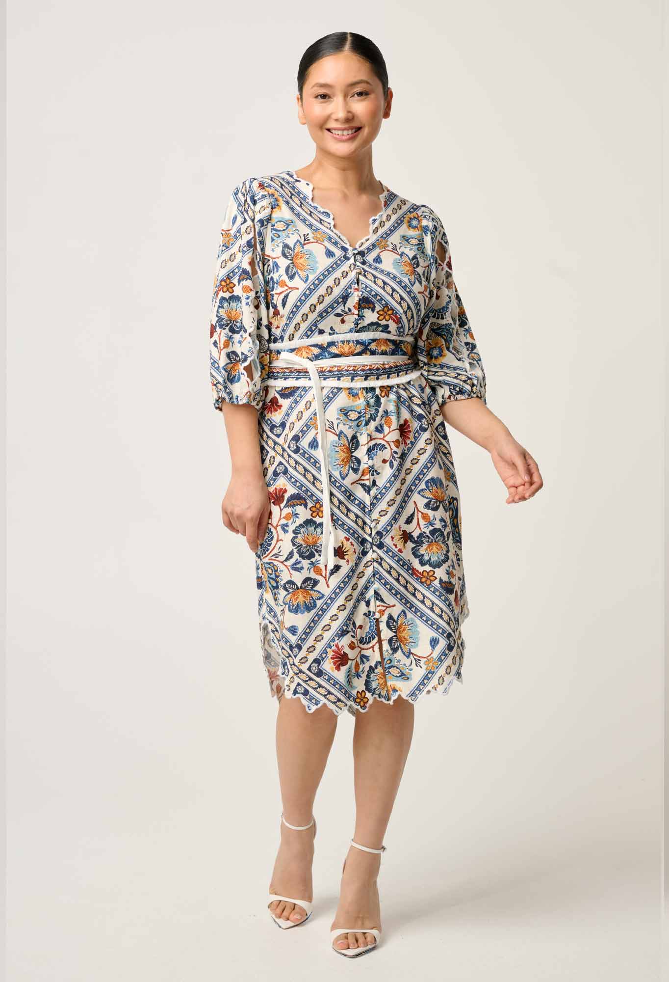 OnceWas PETITE Theia Viscose Scallop Embroidered Dress in Petinos Floros