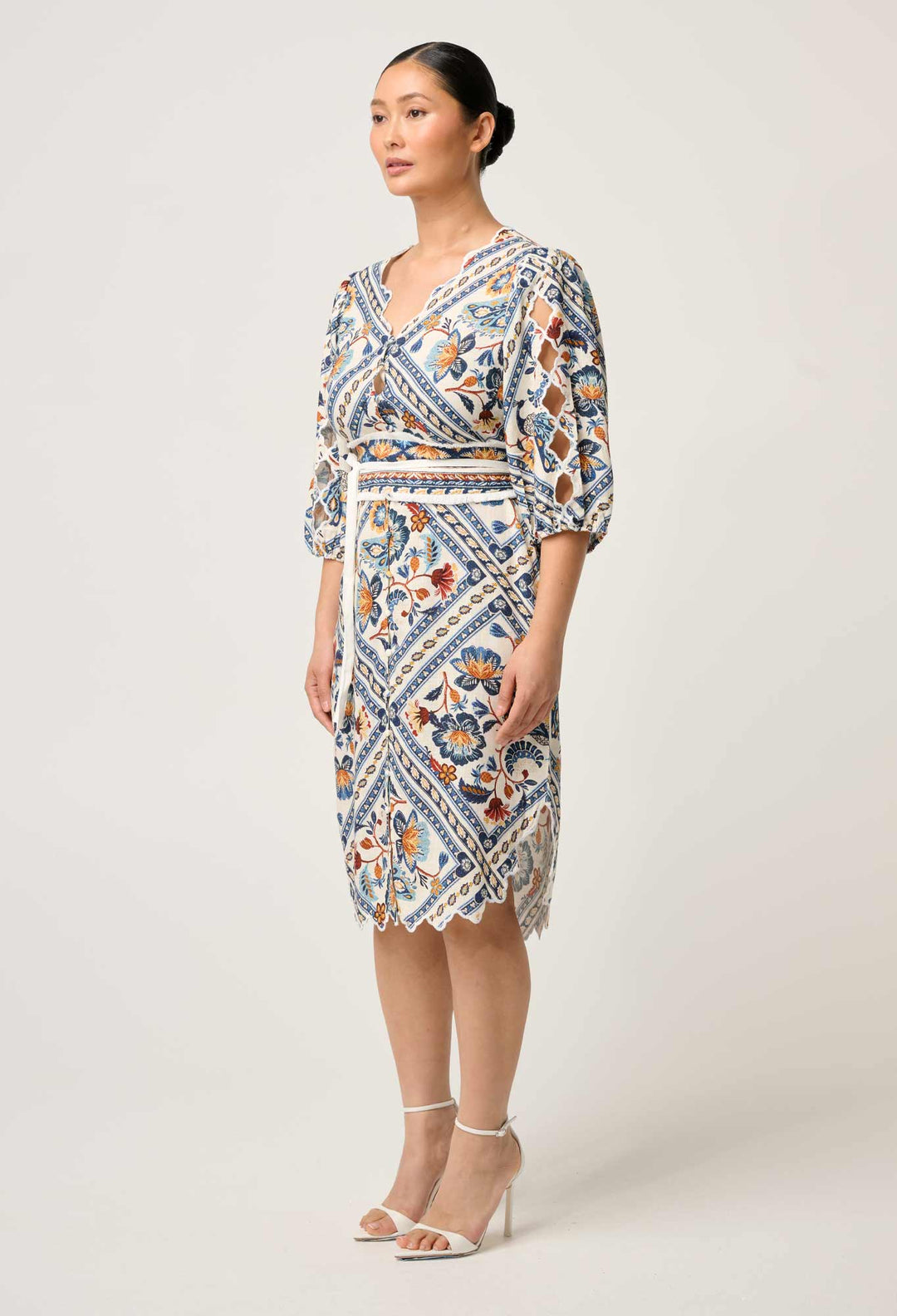 OnceWas PETITE Theia Viscose Scallop Embroidered Dress in Petinos Floros