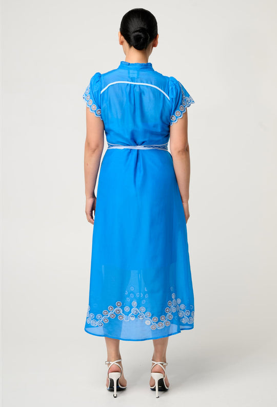 OnceWas PETITE Xanthia Diamond Smock Yoke Silk Cotton Embroidered Dress in Blue Topaz