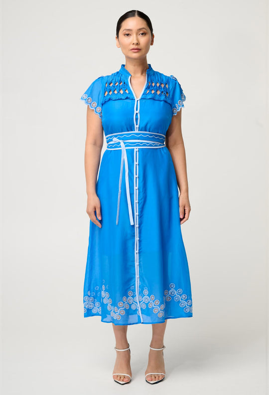 OnceWas PETITE Xanthia Diamond Smock Yoke Silk Cotton Embroidered Dress in Blue Topaz