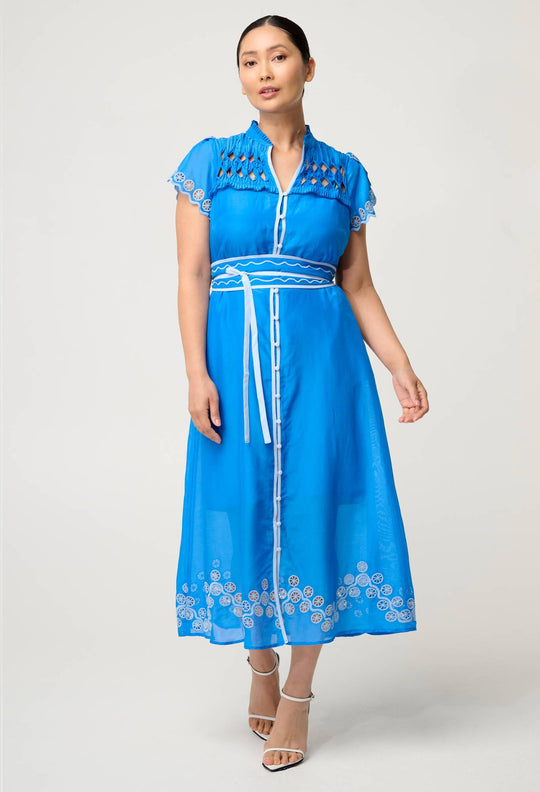 OnceWas PETITE Xanthia Diamond Smock Yoke Silk Cotton Embroidered Dress in Blue Topaz