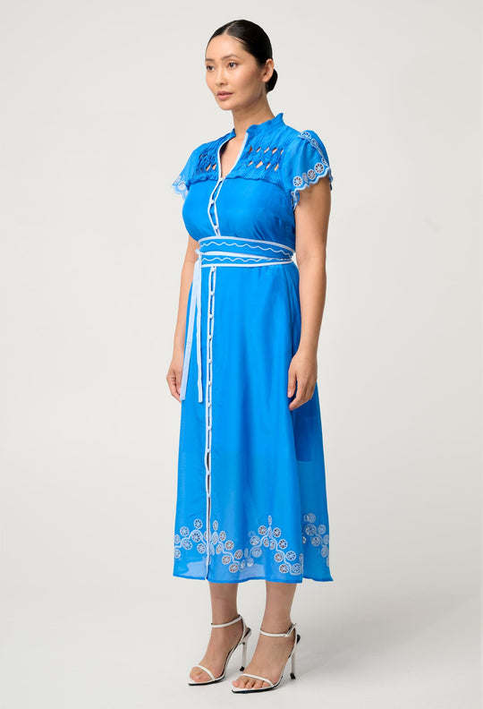 OnceWas PETITE Xanthia Diamond Smock Yoke Silk Cotton Embroidered Dress in Blue Topaz