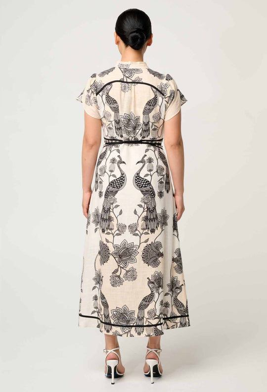 PETITE Xanthia Diamond Smock Yoke Linen Viscose Dress in Imperial Stone