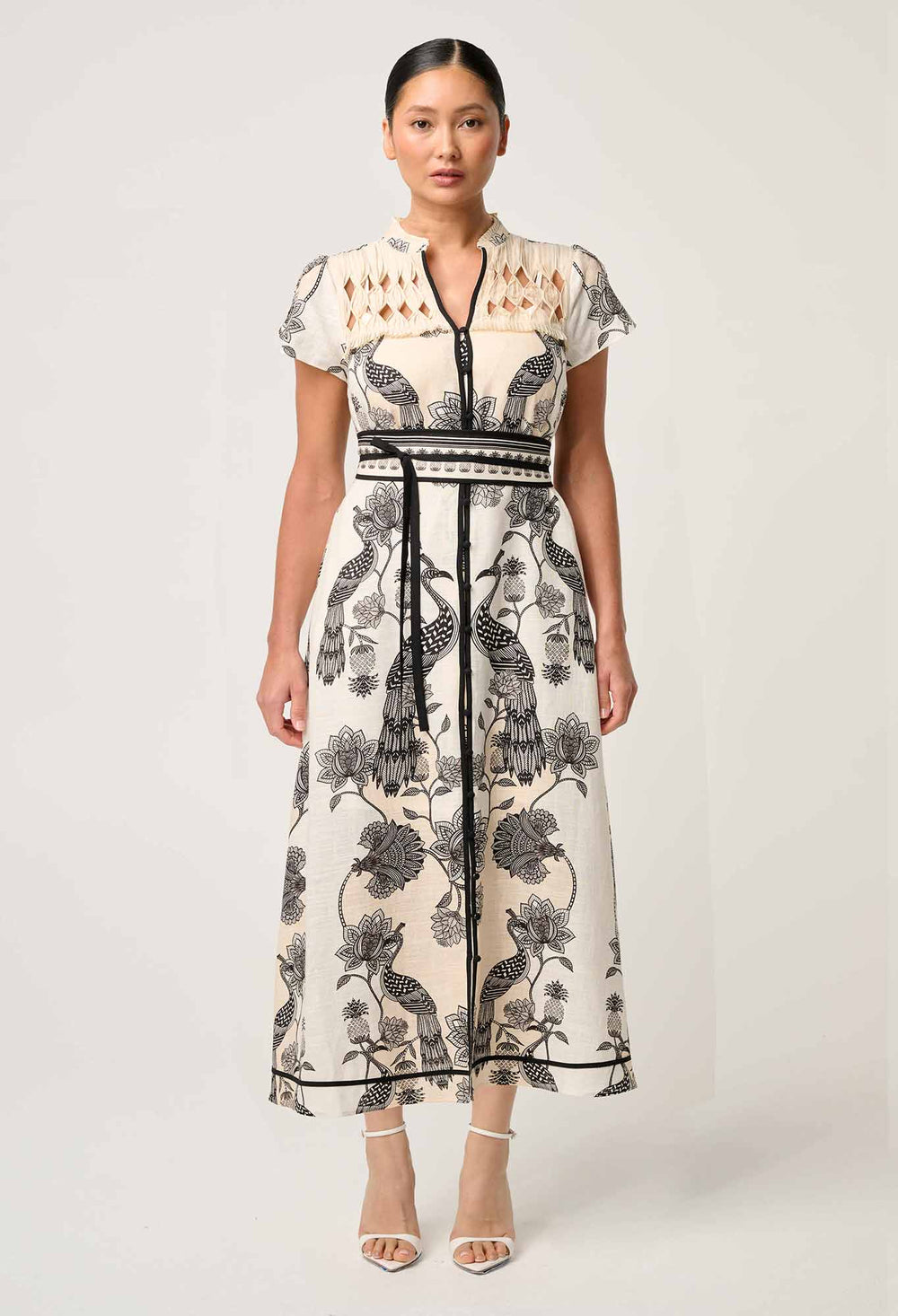 OnceWas PETITE Xanthia Diamond Smock Yoke Linen Viscose Dress in Imperial Stone