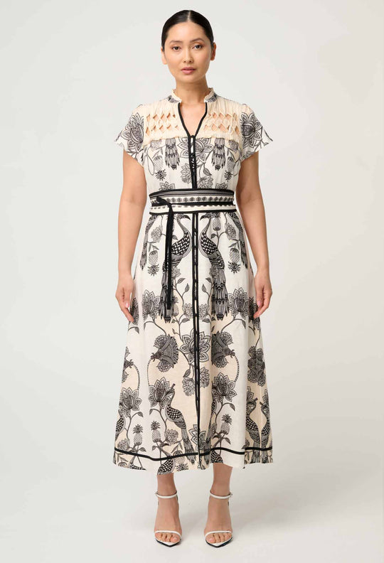 UNDER 5'4 Xanthia Diamond Smock Yoke Linen Viscose Dress in Imperial Stone