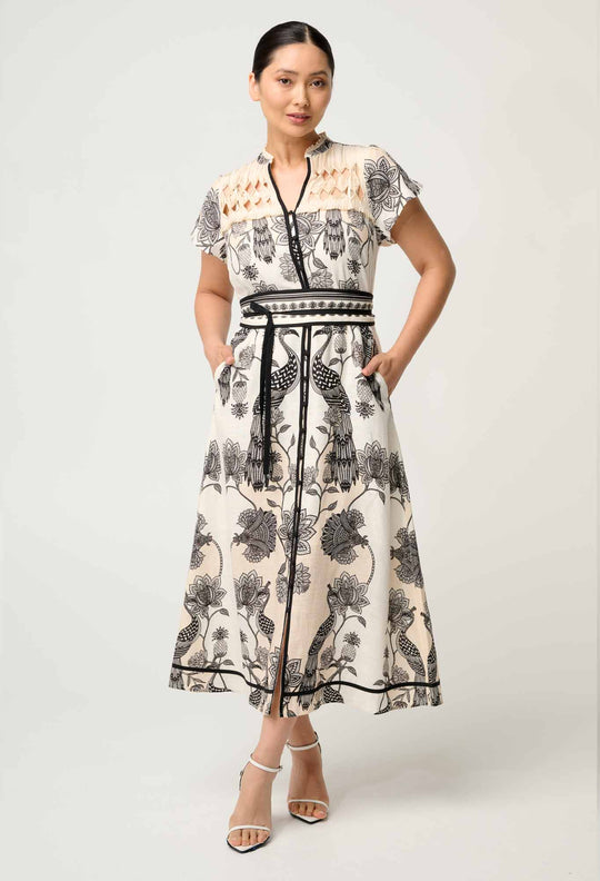 UNDER 5'4 Xanthia Diamond Smock Yoke Linen Viscose Dress in Imperial Stone