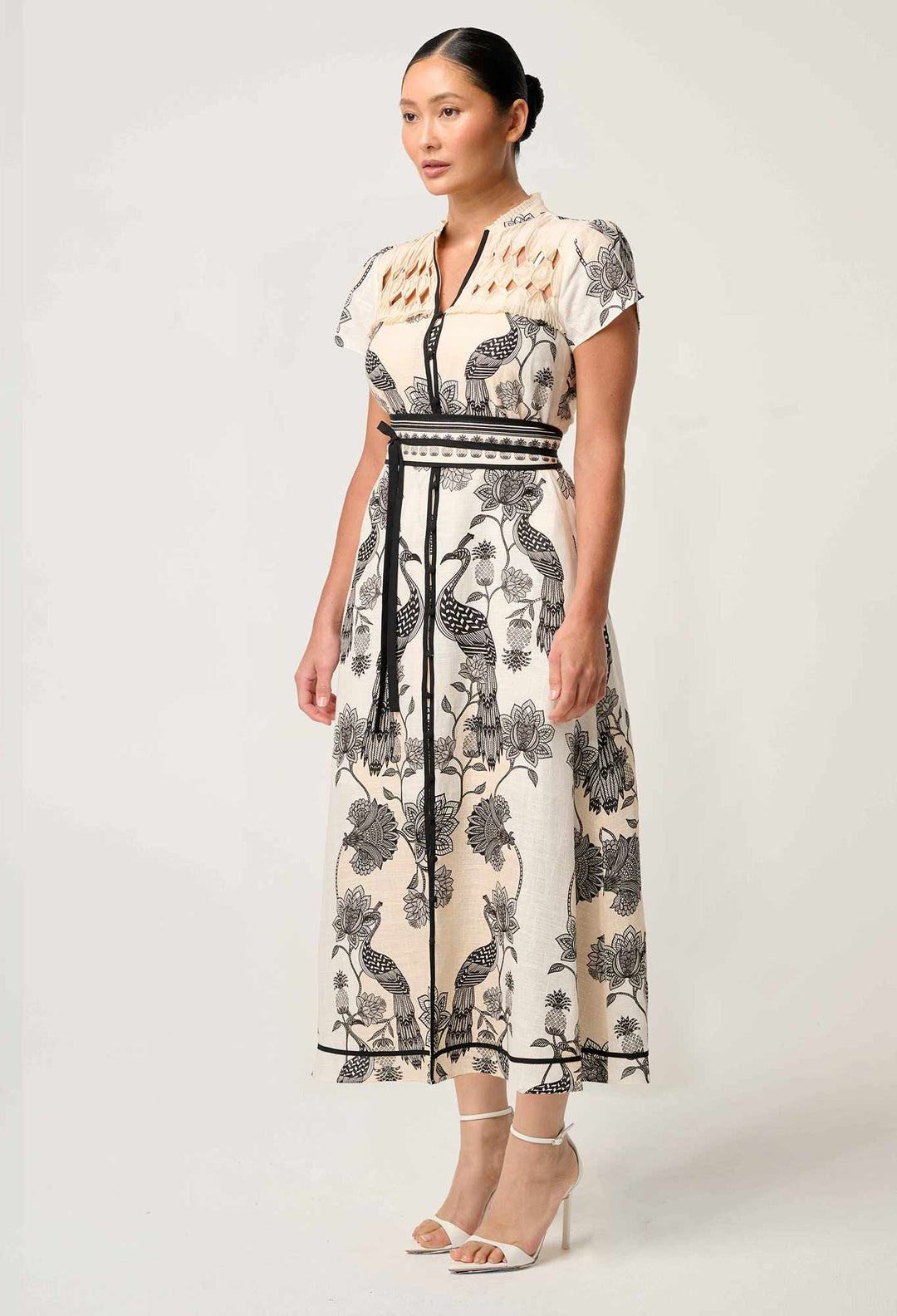 OnceWas PETITE Xanthia Diamond Smock Yoke Linen Viscose Dress in Imperial Stone