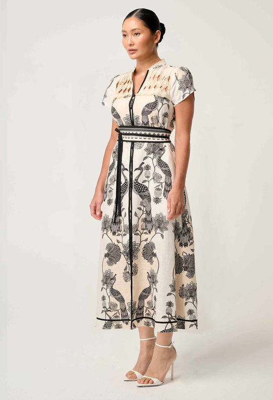 OnceWas PETITE Xanthia Diamond Smock Yoke Linen Viscose Dress in Imperial Stone