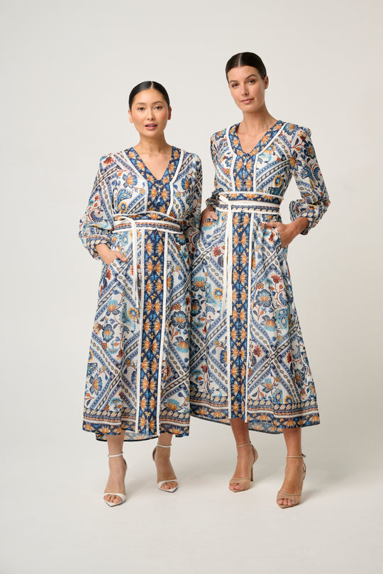 PETITE Alexis Silk Cotton Midi Dress in Petinos Floros